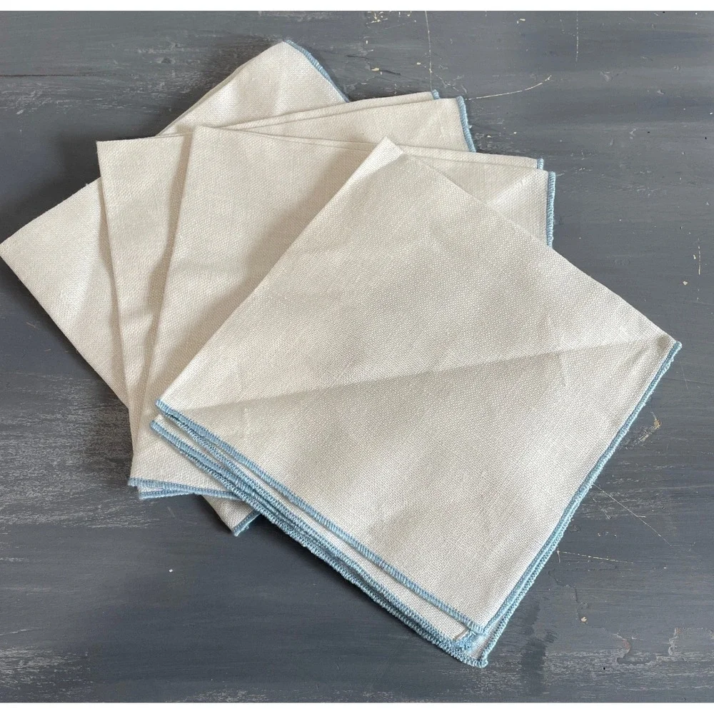 Set of 4 Vintage Cream Linen Cloth Napkins Light Blue Contrast Stitch Edge 12x12